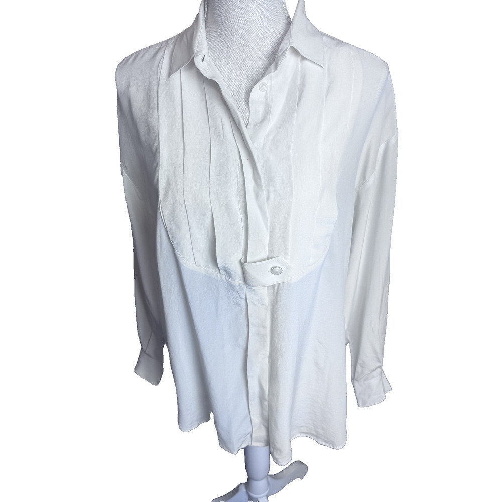 Vintage 90s Episode Ivory Silk Blouse sz S tuxedo quiet luxury career oversized